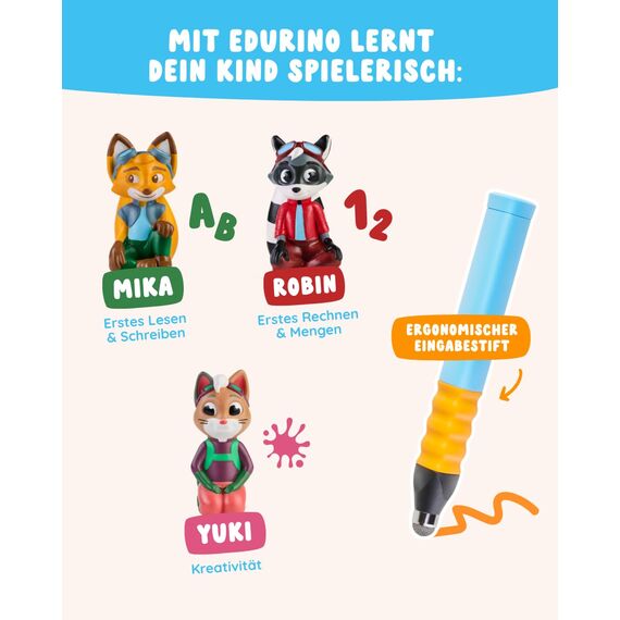 Edurino 3-in-1 Starterset | 3 Lernspiele | ab 4 Jahren | Digitales Lernspiel mit Mika Erstes Lesen & Schreiben, Robin Erste Zahlen & Mengen, Yuki Kreativität inkl. Stift