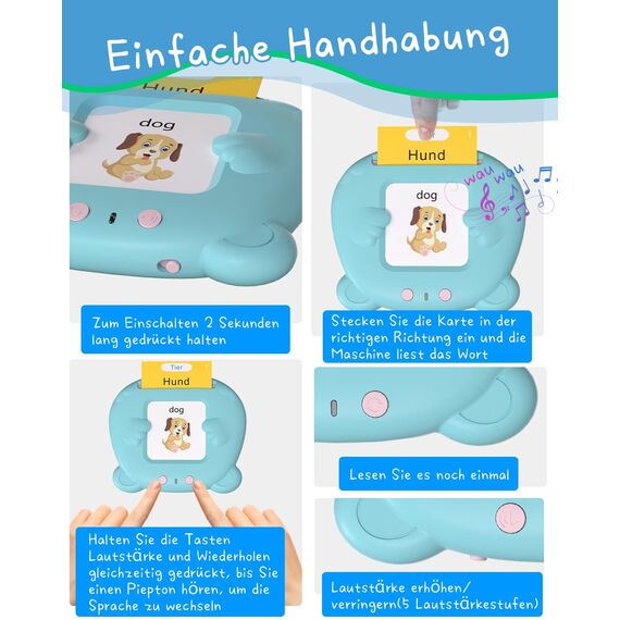 Winnrok Sprechende Lernkarten Deutsch Englisch Lernen für Kinder,Geschenke Kinder Sprechen Lernspielzeug Sprachförderung ab 2 3 4 Jahre, Flash Cards Lernspiele Vokabelfreund 224 Wörter Blau