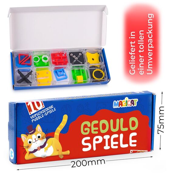 Magicat Premium Geduldspiele Set I 10 Herausfordernde Geduldspiele für Kinder BZW. Knobelspiele für Erwachsene I Ideales Mitgebsel Kindergeburtstag I Spaßige Lernspiele für Feinmotorik