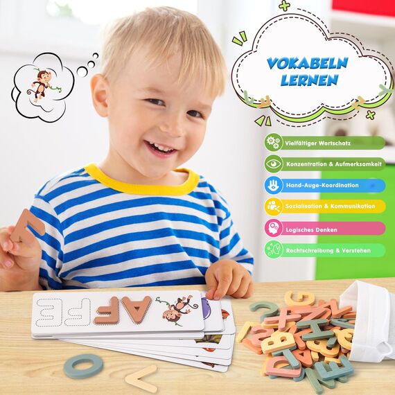 Haozozo Buchstaben Lernen Lernspiele ab 3-8 Jahre, Holz Montessori Spielzeug ab 3-8 Jahre Junge Mädchen Kinderspielzeug ab 3-8 Jahre Steckpuzzle Einschulung Geschenk（B）