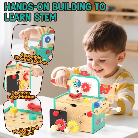 Lehoo Castle Montessori Spielzeug ab 2 Jahre, Werkzeugkoffer Kinderspielzeug Werkbank Holzspielzeug, Geschenk Junge Mädchen Werkzeug Motorik Lernspiele 2 3 4 Jahre