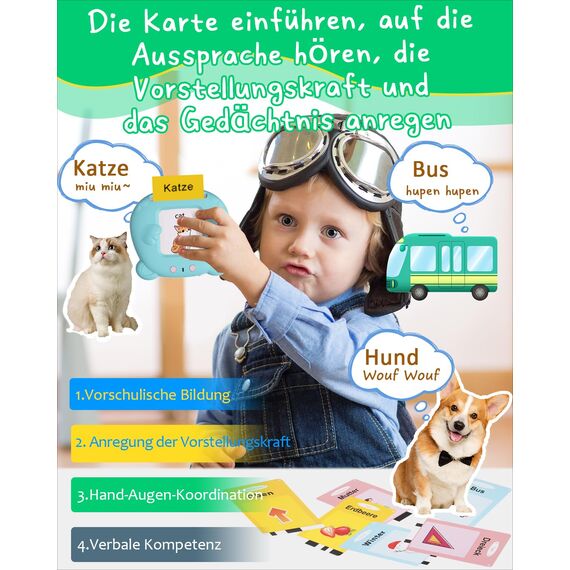 Winnrok Sprechende Lernkarten Deutsch Englisch Lernen für Kinder,Geschenke Kinder Sprechen Lernspielzeug Sprachförderung ab 2 3 4 Jahre, Flash Cards Lernspiele Vokabelfreund 224 Wörter Blau