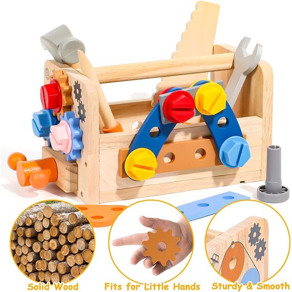 hifunti Werkzeugkoffer Kinder Werkbank Montessori Spielzeug ab 2 Jahre Holzwerkzeug Geschenke 2 3 4 Jahre Junge Mädchen Werkzeugkasten mit Schürze Lernspiele Kinderspielzeug ab 3 4 Jahre (39 Stück)