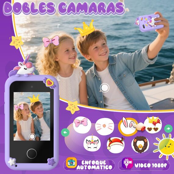 Fippesax Kinder Handy Smartphone Spielzeug, Kinderkamera Handy für Mädchen & Jungen, 20 lernspiele, Dualkamera, 8G SD Karte, MP3 Player, Perfektes Weihnachts für 3-9 Jahre (Lila)