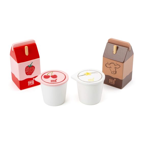 small foot Milchprodukte-Set "fresh" aus Holz, Kaufladen und Kinderküchen Zubehör, 4-teilig, ab 3 Jahren, 11440