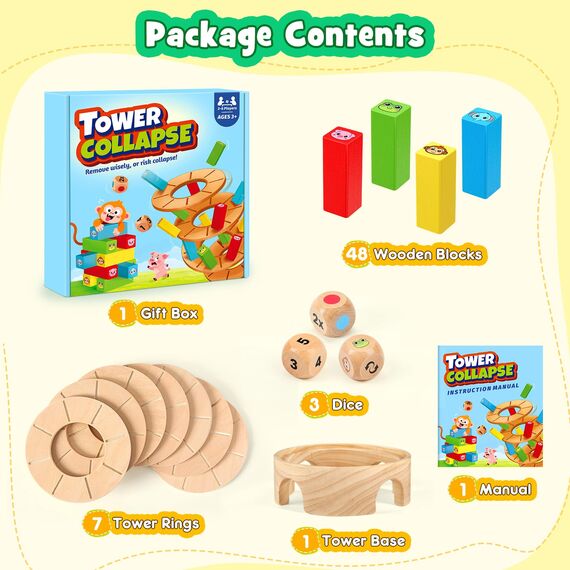 Montessori Spiele Brettspiel aus Holz, 48 Stück Bunte Blöcke Würfelspiel Kinder Lernspiele ab 3 4 5 6 Jahre Fördern Konzentration & Feinmotorik, Familienspiel Reisespiel Geschenk Junge Mädchen 3 Jahre