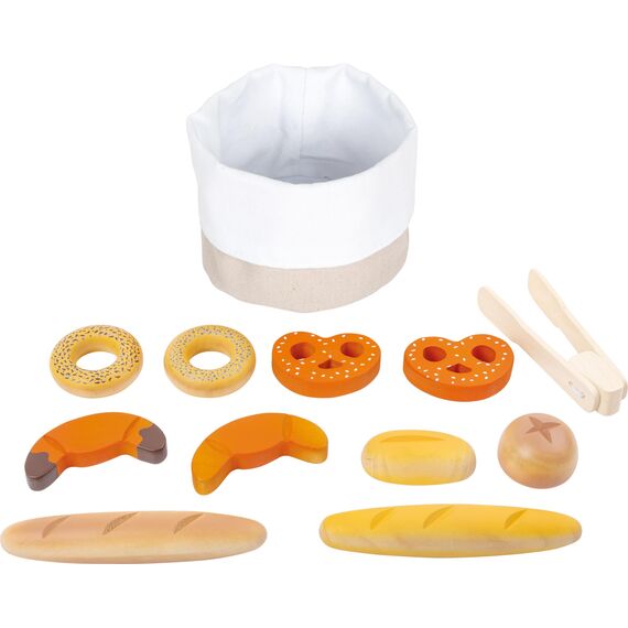 small foot Brotkorb-Set "fresh" aus Holz, mit Backzange, Zubehör für Kinderküche und Kaufladen, ab 3 Jahren, 11444