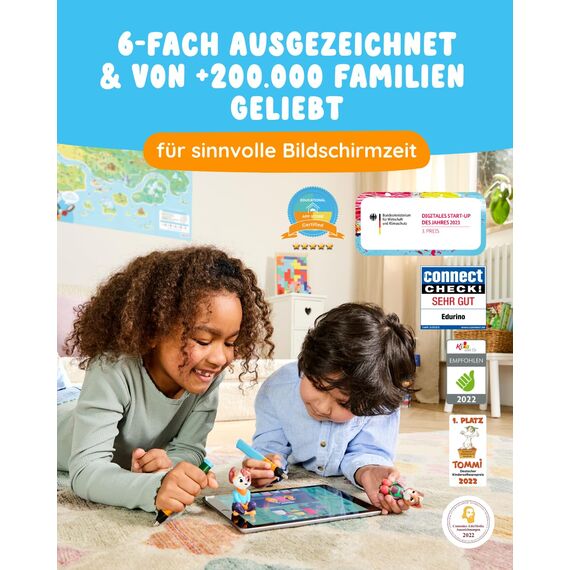 Edurino 3-in-1 Starterset | 3 Lernspiele | ab 4 Jahren | Digitales Lernspiel mit Mika Erstes Lesen & Schreiben, Robin Erste Zahlen & Mengen, Yuki Kreativität inkl. Stift