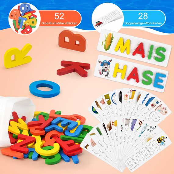 Joozmui Spielzeug ab 3 4 5 6 7 8 Jahre Mädchen, Buchstaben Lernen Lernspiele ab 3-8 Jahre Kinderspielzeug ab 3-8 Jahre Steckpuzzle Holz Montessori Spielzeug ab 3-8 Jahre Junge Einschulung Geschenk