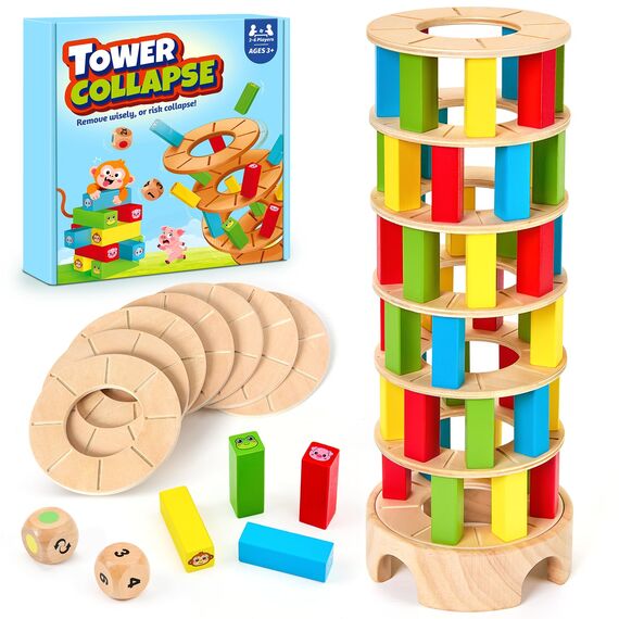 Montessori Spiele Brettspiel aus Holz, 48 Stück Bunte Blöcke Würfelspiel Kinder Lernspiele ab 3 4 5 6 Jahre Fördern Konzentration & Feinmotorik, Familienspiel Reisespiel Geschenk Junge Mädchen 3 Jahre