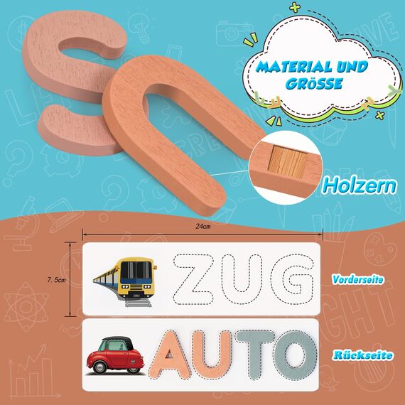 Haozozo Buchstaben Lernen Lernspiele ab 3-8 Jahre, Holz Montessori Spielzeug ab 3-8 Jahre Junge Mädchen Kinderspielzeug ab 3-8 Jahre Steckpuzzle Einschulung Geschenk（B）