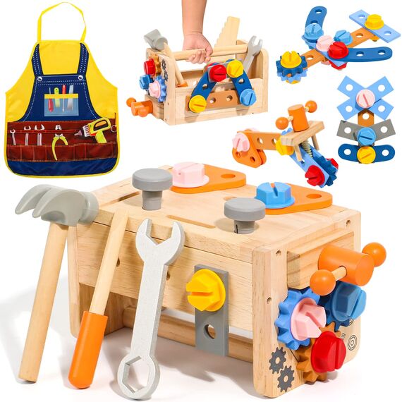 hifunti Werkzeugkoffer Kinder Werkbank Montessori Spielzeug ab 2 Jahre Holzwerkzeug Geschenke 2 3 4 Jahre Junge Mädchen Werkzeugkasten mit Schürze Lernspiele Kinderspielzeug ab 3 4 Jahre (39 Stück)