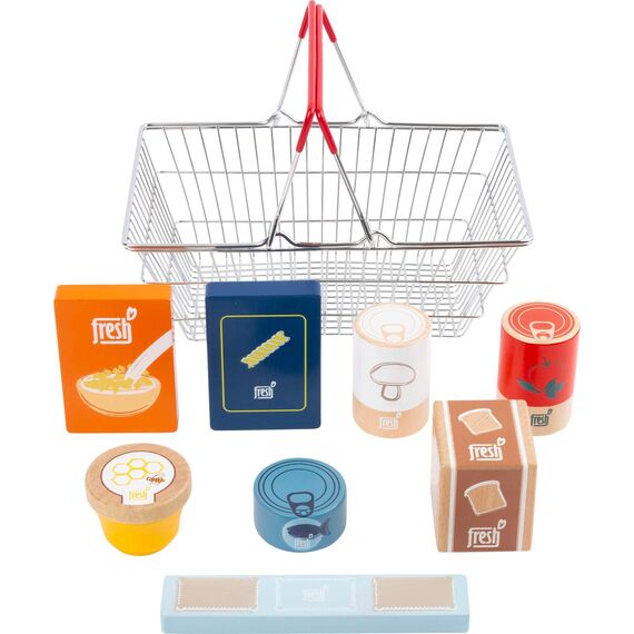small foot Lebensmittel-Set im Einkaufskorb "fresh" aus Holz, für Kinderküchen und Kaufmannsläden, ab 3 Jahren, 11443