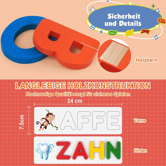 Joozmui Spielzeug ab 3 4 5 6 7 8 Jahre Mädchen, Buchstaben Lernen Lernspiele ab 3-8 Jahre Kinderspielzeug ab 3-8 Jahre Steckpuzzle Holz Montessori Spielzeug ab 3-8 Jahre Junge Einschulung Geschenk