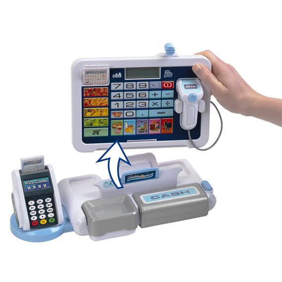 Theo Klein 9324 Tablet-Kassenstation I Spielkasse mit Sound und abnehmbarem Tablet, POS-Terminal mit mechanischer Funktion, Scanner und Spielgeld I Spielzeug für Kinder ab 3 Jahren