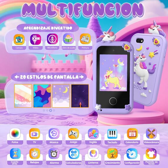 Fippesax Kinder Handy Smartphone Spielzeug, Kinderkamera Handy für Mädchen & Jungen, 20 lernspiele, Dualkamera, 8G SD Karte, MP3 Player, Perfektes Weihnachts für 3-9 Jahre (Lila)