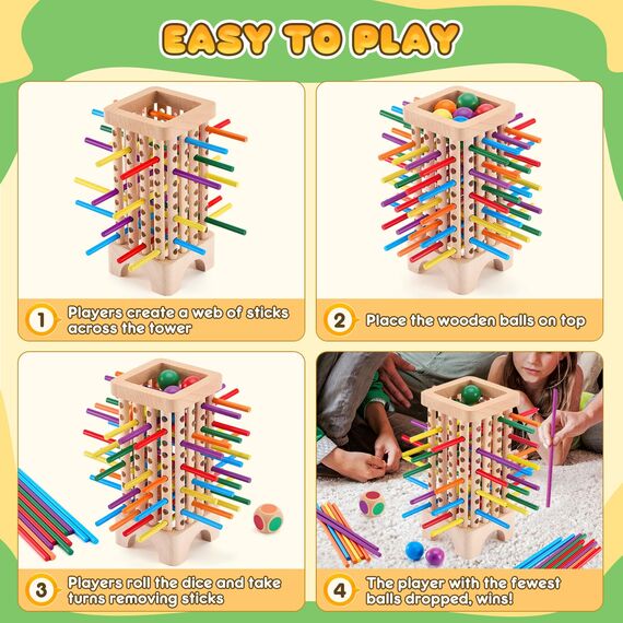 Montessori Spiel Brettspiel aus Holz, 42 Bunte Holzstäbchen Spiele ab 3 Jahren Würfelspiel, Mathe & Feinmotorik Spielzeug, Lernspiele ab 3 4 5 6 Jahre, Familienspiel Reisespiel für Kinder Geschenk