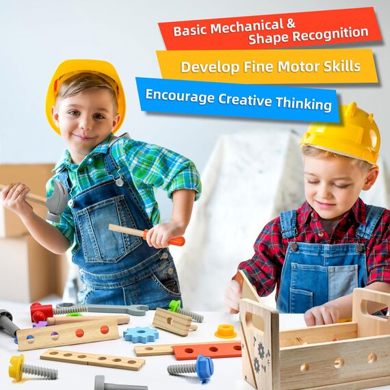 Werkzeugkoffer Kinder Spielzeug ab 3 4 5 Jahre, Montessori Holzspielzeug Kinderwerkzeug Werkzeugbank Lernspiele Werkzeugset Schraubspielzeug Hämmerchenspiel Spiele Geschenke Junge MäDchen ab 3 Jährige