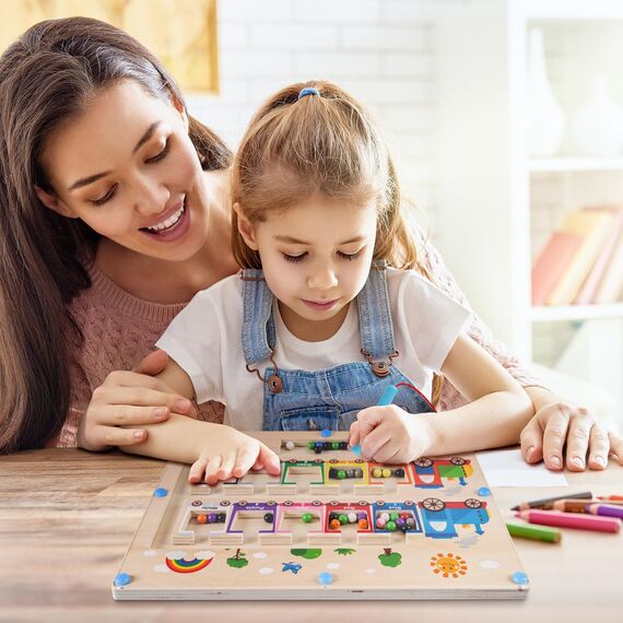 Montessori Spielzeug Magnetspiel Labyrinth ab 2 3 4 5 Jahre, Holzspielzeug Kinderspielzeug Lernspiele Busy Board, Magnet Spielzeug Kinder Motorikspielzeug Sortierspiel Geschenk für Mädchen Jungen