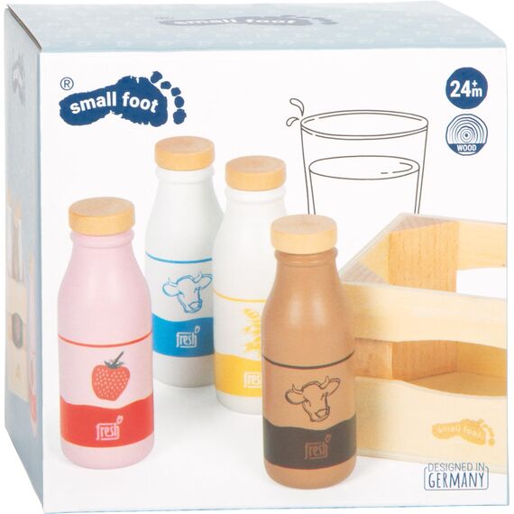 small Foot Kiste mit Milchgetränken „Fresh“, Vier hochwertige Holzflaschen mit verschiedenen Milchsorten, inkl. Holzkiste, Kaufmannsladen-Zubehör, für Kinder ab 3 Jahren, 12820