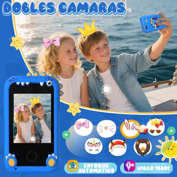 Fippesax Kinder Handy Smartphone Spielzeug, Kinderkamera 2,8" Handy für Mädchen Jungen, 20 lernspiele, Dualkamera, 8GB SD Karte, MP3 Player 3-9 Jahre, Blau