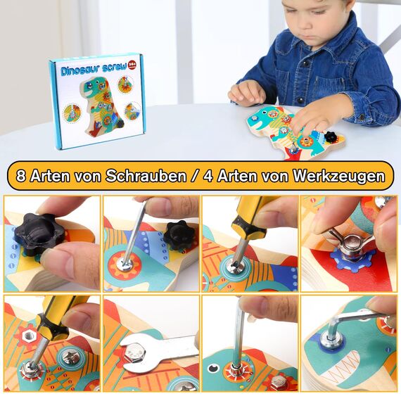 Liangding Montessori Spielzeug ab 3 4 5 Jahre, Busy Board Montessori Schraubbrett Dino Holzspielzeug, Motorikspielzeug Lernspiele für Mädchen Junge, Kinderspielzeug für Geschenk