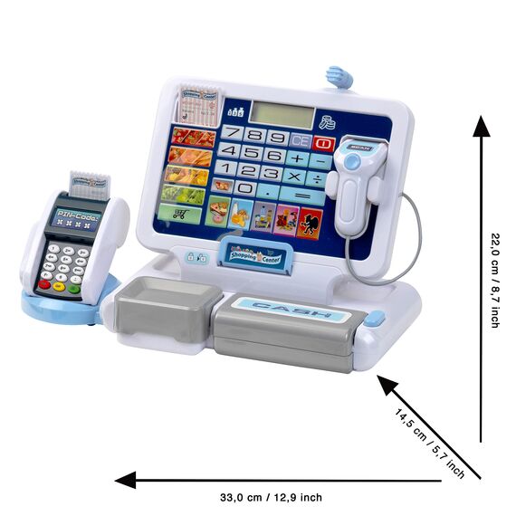 Theo Klein 9324 Tablet-Kassenstation I Spielkasse mit Sound und abnehmbarem Tablet, POS-Terminal mit mechanischer Funktion, Scanner und Spielgeld I Spielzeug für Kinder ab 3 Jahren