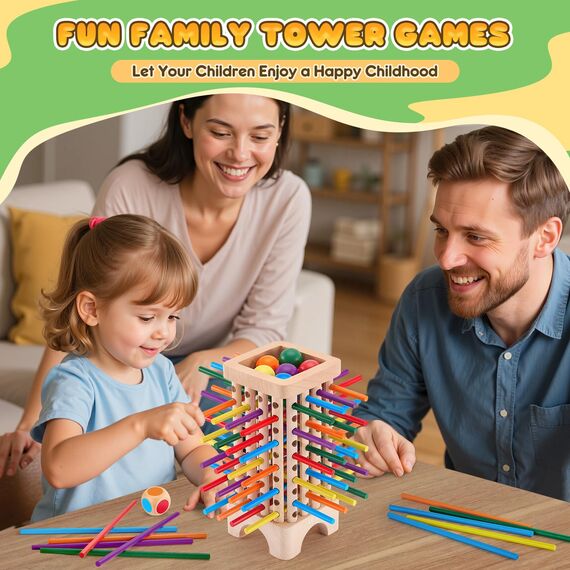 Montessori Spiel Brettspiel aus Holz, 42 Bunte Holzstäbchen Spiele ab 3 Jahren Würfelspiel, Mathe & Feinmotorik Spielzeug, Lernspiele ab 3 4 5 6 Jahre, Familienspiel Reisespiel für Kinder Geschenk