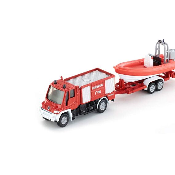 siku 1636, Feuerwehr Unimog mit Boot, Metall/Kunststoff, Rot, Schwimmfähiges Boot