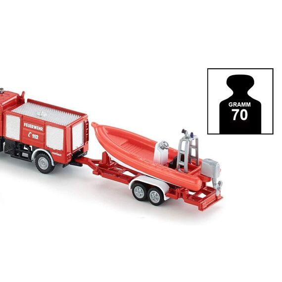 siku 1636001, Französischer Feuerwehr Unimog mit Boot, 1:87, Frankreich, Metall/Kunststoff, Rot, Französische Aufschrift Pompiers, Schwimmfähiges Boot