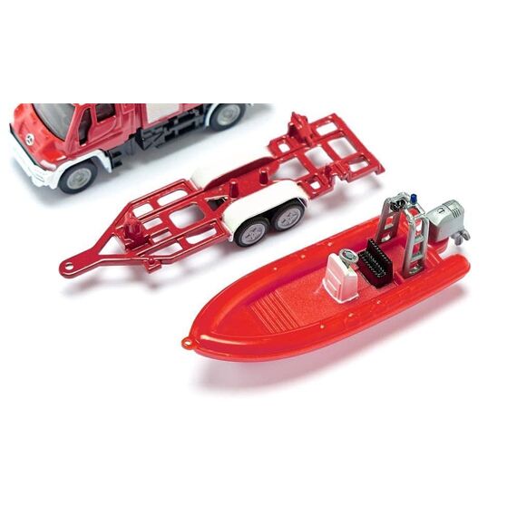 siku 1636001, Französischer Feuerwehr Unimog mit Boot, 1:87, Frankreich, Metall/Kunststoff, Rot, Französische Aufschrift Pompiers, Schwimmfähiges Boot