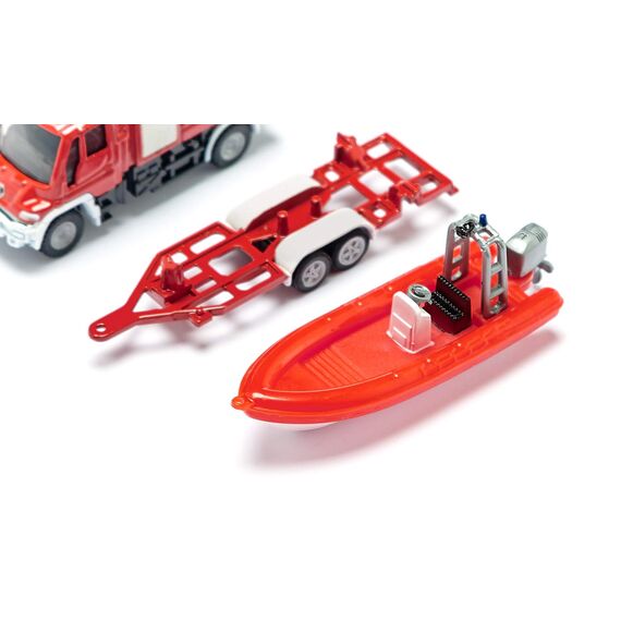 siku 1636, Feuerwehr Unimog mit Boot, Metall/Kunststoff, Rot, Schwimmfähiges Boot
