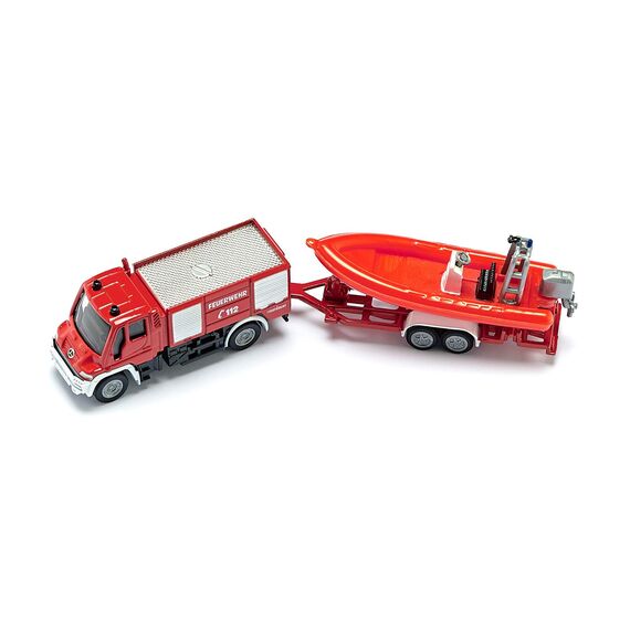 siku 1636, Feuerwehr Unimog mit Boot, Metall/Kunststoff, Rot, Schwimmfähiges Boot