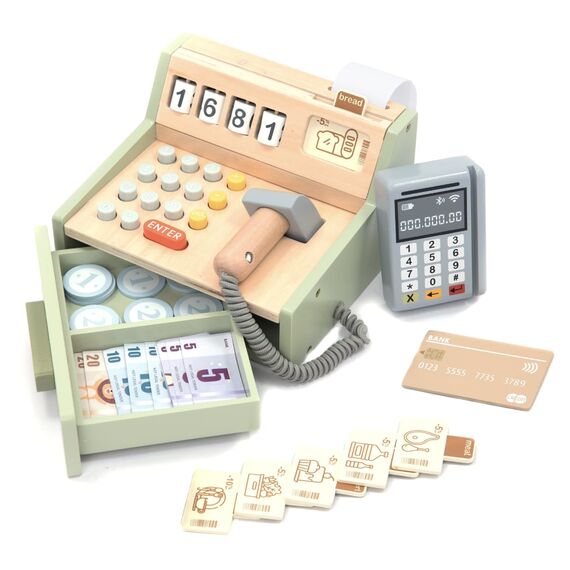 UMU® Kinder Kasse aus Holz - inkl. Scanner, Zahlungsterminal, Spielgeld usw., Kaufladen Zubehör für Rollenspiele, Spielkasse für Kinder ab 3 4 5 6 Jahren