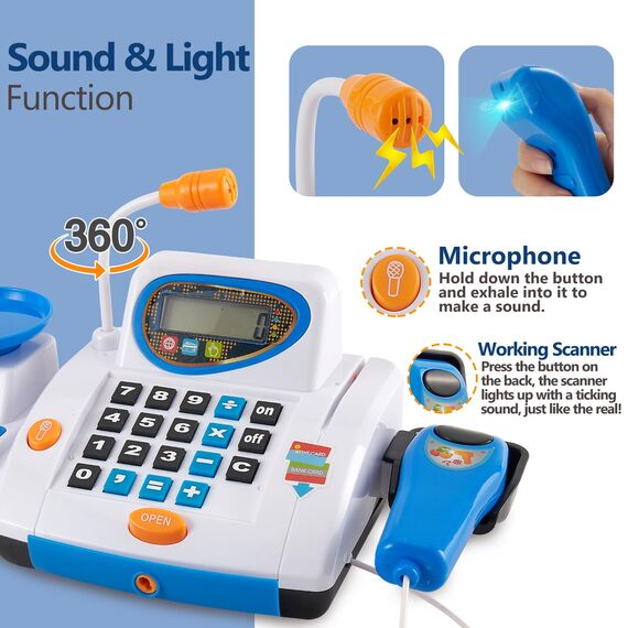HERSITY Große Kinderkasse, Spielzeug Kasse mit Scanner und Sound, Spiel Supermarkt Kinder Kaufladen Zubehör Rollenspiel Geschenk Jungen Mädchen 3 4 5 Jahren