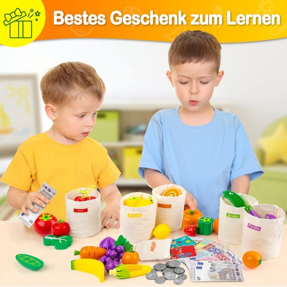 SEMKOTREE Kaufladen Zubehör Holz, Spiellebensmittel Kinderküche Zubehör, Kaufmannsladen Zubehör mit Spielgeld Euro Scheine und Münzen, Rollenspielzeug für Jungen Mädchen 3 Jahren