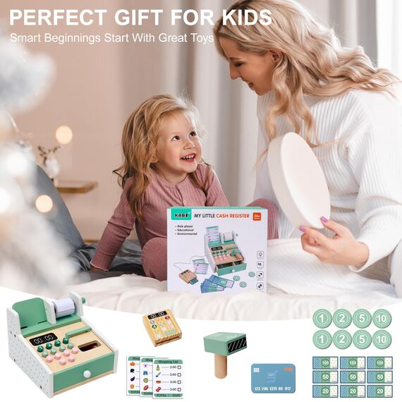 OSLINE Geschenk für 2 3 4 5 Jährige Mädchen Junge,Montessori Holz Spielzeug Kasse Kinderab 2-5 Jahr, inkl.Spielgeld Kartenlesegerät Kaufladen Zubehör,Geschenk Kind Geburtstag