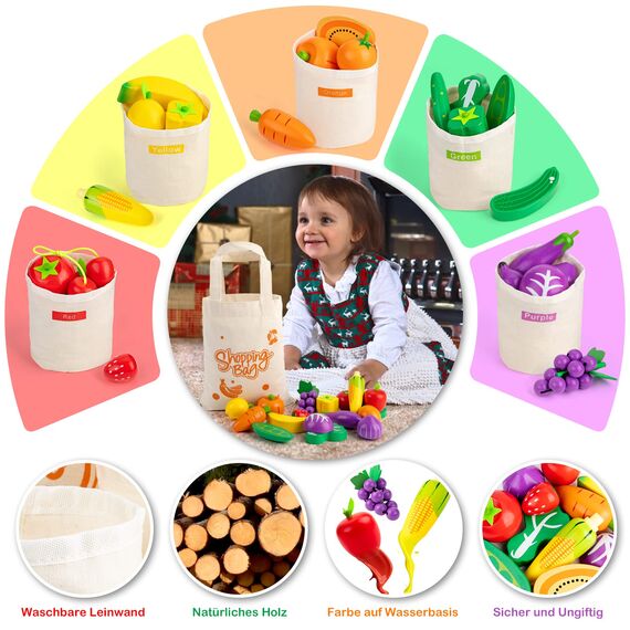 SEMKOTREE Kaufladen Zubehör Holz, Spiellebensmittel Kinderküche Zubehör, Kaufmannsladen Zubehör mit Spielgeld Euro Scheine und Münzen, Rollenspielzeug für Jungen Mädchen 3 Jahren