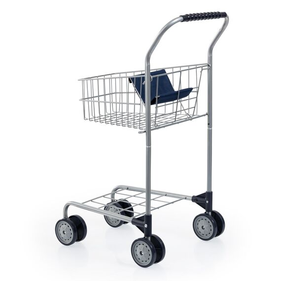 Bayer Design 75001AA Einkaufswagen Supermarkt Kinder, Silber, aus Metall, integrierter Sitz, Doppelräder, Kaufladenzubehör