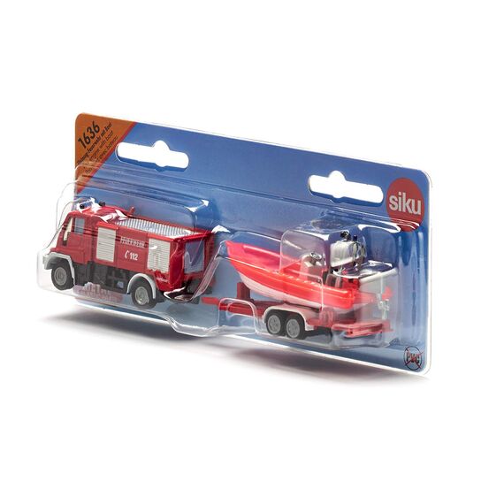 siku 1636, Feuerwehr Unimog mit Boot, Metall/Kunststoff, Rot, Schwimmfähiges Boot