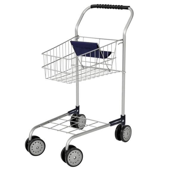 Bayer Design 75001AA Einkaufswagen Supermarkt Kinder, Silber, aus Metall, integrierter Sitz, Doppelräder, Kaufladenzubehör