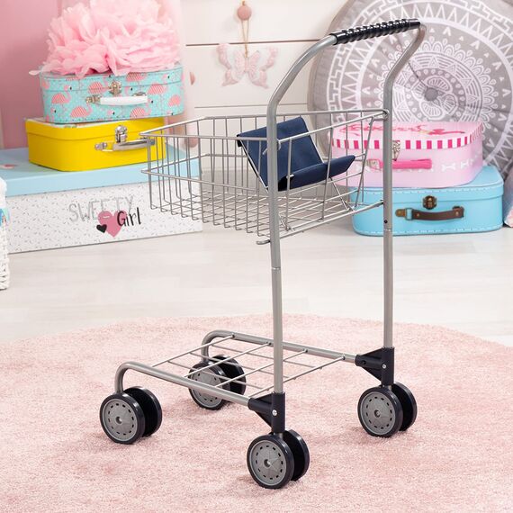 Bayer Design 75001AA Einkaufswagen Supermarkt Kinder, Silber, aus Metall, integrierter Sitz, Doppelräder, Kaufladenzubehör