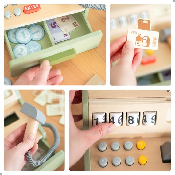 UMU® Kinder Kasse aus Holz - inkl. Scanner, Zahlungsterminal, Spielgeld usw., Kaufladen Zubehör für Rollenspiele, Spielkasse für Kinder ab 3 4 5 6 Jahren