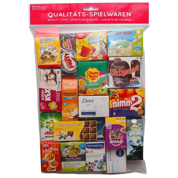 tanner DER KLEINE KAUFMANN TANNER Deco - großer Kaufladenbeutel, gefüllt mit vielen Markenminiaturen, Zubehör für Kaufmannsladen, lebensmittelechtes Design, 2079.3, Keine