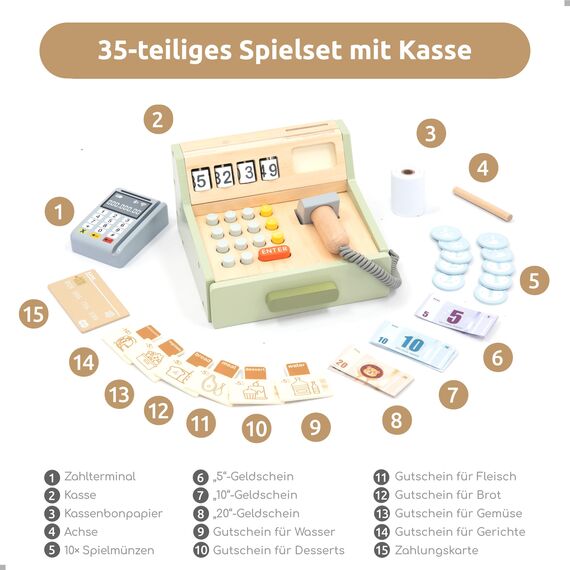 UMU® Kinder Kasse aus Holz - inkl. Scanner, Zahlungsterminal, Spielgeld usw., Kaufladen Zubehör für Rollenspiele, Spielkasse für Kinder ab 3 4 5 6 Jahren