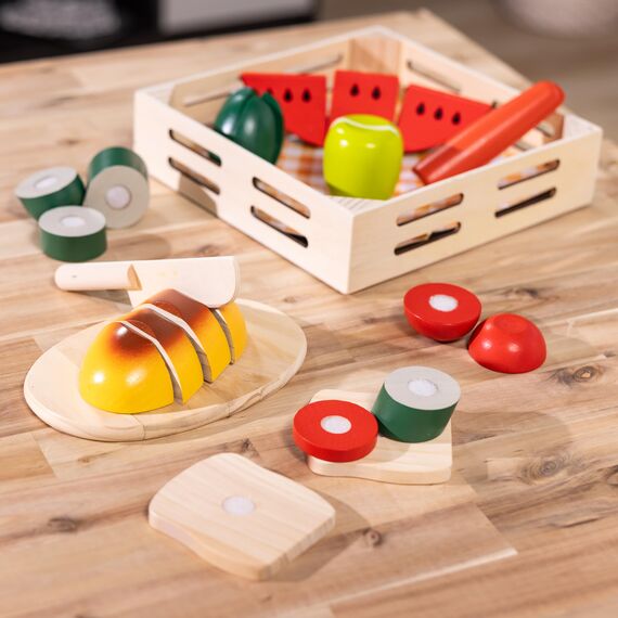 Melissa & Doug - Holz-Lebensmittel zum Schneiden - 26-teiliges Rollenspielset aus Holz zum Schneiden von Obst, Gemüse und Brot, für realistisches Rollenspiel, für Kinder ab 3 Jahren