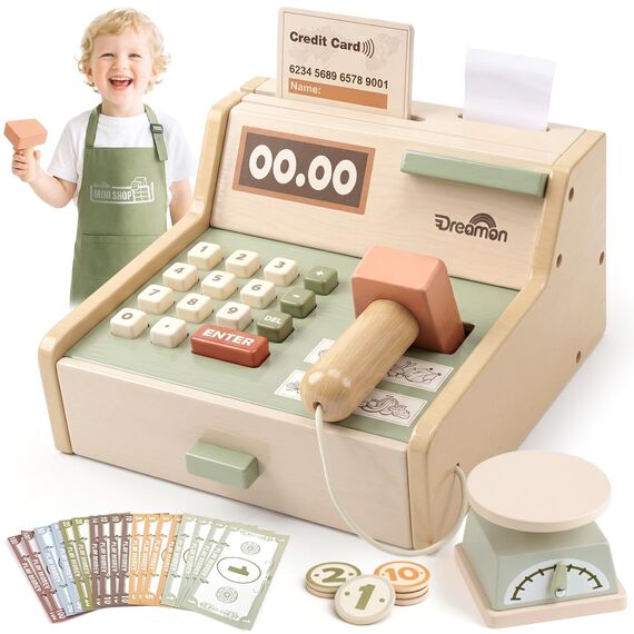 Dreamon Holz Kasse Kinder, Holz Spielkasse Kinderkasse mit Scanner Kaufladen Spielzeug mit Schürze Geschenk für Junge Mädchen 3 4 5 6 7 Jahren