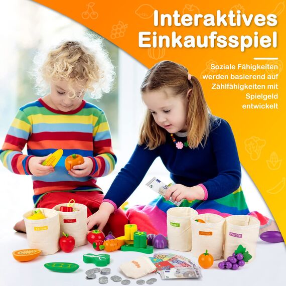 SEMKOTREE Kaufladen Zubehör Holz, Spiellebensmittel Kinderküche Zubehör, Kaufmannsladen Zubehör mit Spielgeld Euro Scheine und Münzen, Rollenspielzeug für Jungen Mädchen 3 Jahren