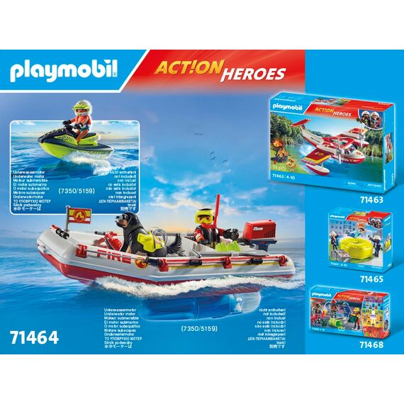 PLAYMOBIL Action Heroes 71464 Feuerwehrboot mit Aqua Scooter, aufregende Wasserrettung, inklusive Taucherbrille, Schwimmflossen und Rettungsweste, realitätsnahes Spielzeug für Kinder ab 4 Jahren