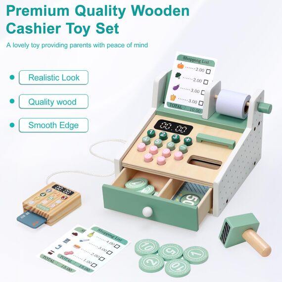 OSLINE Geschenk für 2 3 4 5 Jährige Mädchen Junge,Montessori Holz Spielzeug Kasse Kinderab 2-5 Jahr, inkl.Spielgeld Kartenlesegerät Kaufladen Zubehör,Geschenk Kind Geburtstag